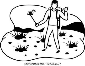 young man trekker taking selfie with camera Concept, Travel blogger at peak vector icon design, Outdoor weekend Activity symbol, Tourist Holiday Scene Sign, Relaxing people Vacation stock illustration