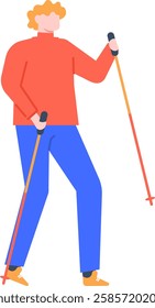 Young man with trekking poles practicing nordic walking enjoying healthy lifestyle and exercising outdoor, promoting physical activity and wellness through outdoor sports