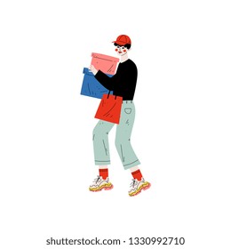 Young Man in Trendy Clothes Carrying Boxes and Shopping Bags, Guy Shopping at Store, Mall, Shop Vector Illustration