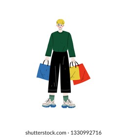 Young Man in Trendy Clothes Standing with Shopping Bags, Guy Purchasing at Store, Mall or Shop Vector Illustration