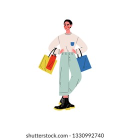 Young Man in Trendy Clothes Standing with Shopping Bags with Purchases, Seasonal Sale at Store, Mall, Shop Vector Illustration