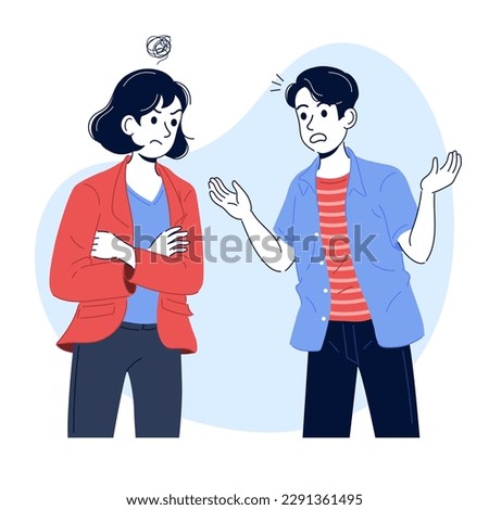 Young man tried to explain the reason to the woman who was angry and dissatisfied. Relationship problem. Hand drawn style vector illustrations isolated on white background