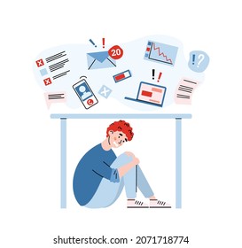 Young man tries to hide from stress and information overload by data stream. Multitasking problem and overloading by breaking news from internet. Flat vector illustration