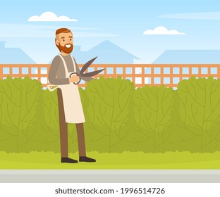 Jóvenes recortando el borde con las cizalladuras, jardinero macho trabajando en la ilustración de vectores de jardín