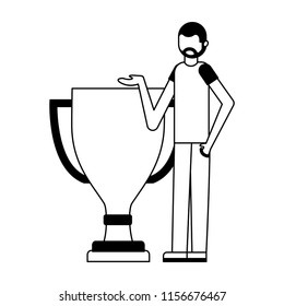 young man with trophy award cup isolated icon