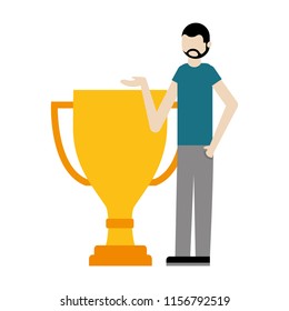 young man with trophy award cup isolated icon