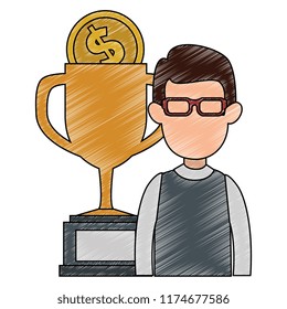 young man with trophy cup and coin