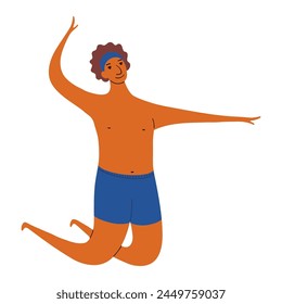 Hombre joven en los baúles que juega al voleibol de playa lindo dibujo animado ilustración del personaje. Diseño plano dibujado a mano, Vector aislado. Vacaciones de verano, vacaciones, actividades al aire libre, playa, elemento de piscina