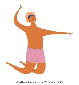 Hombre joven en los baúles que juega al voleibol de playa lindo dibujo animado ilustración del personaje. Diseño plano dibujado a mano, Vector aislado. Vacaciones de verano, vacaciones, actividades al aire libre, playa, elemento de piscina