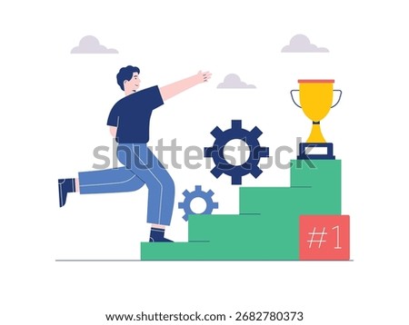 A young man trying to climb a ladder to get a trophy, ambitious to win. Character design. Vector flat illustration