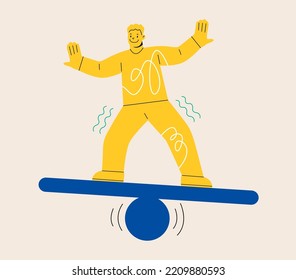 Young man trying to get balance on board standing. Business challenge, balance, stability concept. Colorful vector illustration
