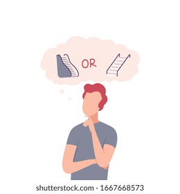 Young Man Trying to Make Decision, Staircase or Escalator, Guy hoosing Between Healthy and Unhealthy Lifestyle Flat Vector Illustration