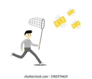 Young man trying to sweep flying money with a butterfly net. 