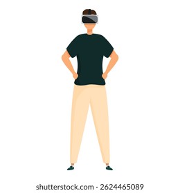 Young man is trying virtual reality for the first time, hands on his hips