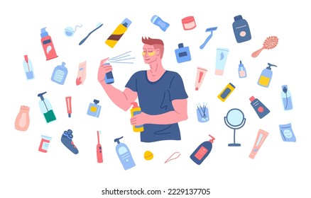 Young man in tshirt with eye patches under eyes, spritz moisturizer on face skin and holds a skincare tube. Makeup and skincare tubes, jars and tools flying around handsome man with closed eyes illust