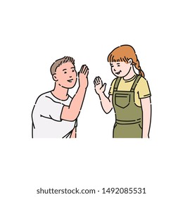 A young man in a tshirt gives five and claps hands to a little girl. Relationship, gesture of approval and respect, vector flat cartoon illustration.