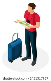 young man in a t-shirt with a map and a suitcase