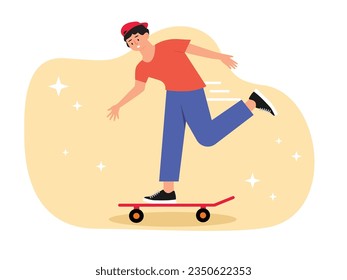 Young man in t-shirt and red hat is skateboarding at fast speed, a fun hobby outdoors on weekends. Character designs. Vector flat illustration