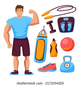 Young man in T-Shirt standing and raising arm to showing strong arm muscles with Various exercise equipment in cartoon character, vector illustration