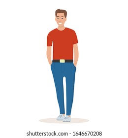 Young man in a t-shirt and trousers standing with hands in pockets, smiling. Man in relaxed pose and in good mood. Flat vector illustration