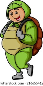 The young man with a turtle costume is walking around of illustration