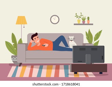 Joven con mando a distancia de la televisión sobre el sofá aislado. Ilustración de estilo plano vectorial