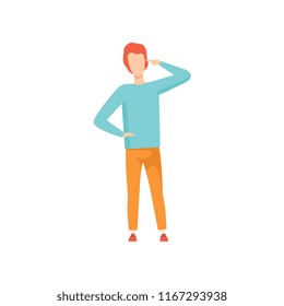 Young man twisting his finger against his temple, faceless guy character gesturing vector Illustration on a white background