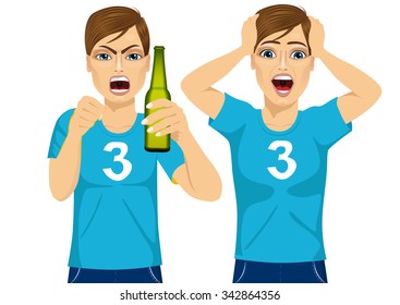 young man in two different poses watching sports on tv grabbed his head screaming and drinking beer - sports, happiness and people concept