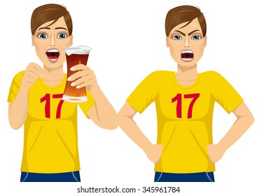 young man in two different poses watching sports on tv screaming and drinking beer - sports, happiness and people concept