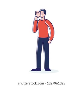 Young man with two faces, mood swings, bipolar disorder expressing anger and happiness. Human mental disorder problem concept. Cartoon linear vector illustration
