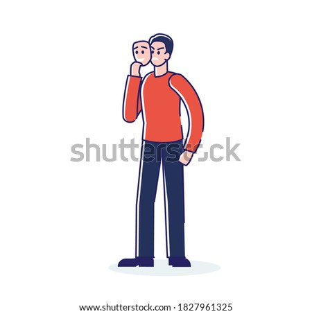 Young man with two faces, mood swings, bipolar disorder expressing anger and happiness. Human mental disorder problem concept. Cartoon linear vector illustration