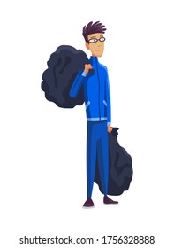 Young man with two packages. Garbage collection