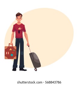 Young man with two suitcases - modern and retro, in jeans and t-shirt, cartoon illustration on background with place for text. Airplane passenger with two suitcases, going to, from vacation