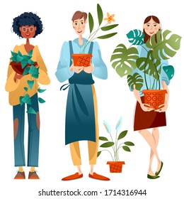 Young man and two women hold potted house plants. Vector illustration