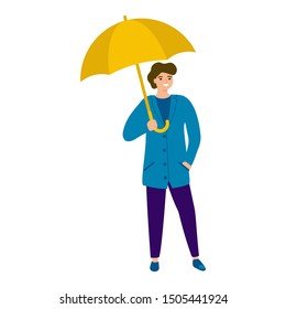 Young man with an umbrella, cartoon character colorful. Young male walks in coat and boots, protection from rain with an umbrella. Vector illustration isolated on white background