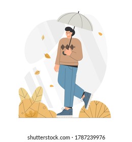 Young man with an umbrella walks through the autumn Park. Flat style vector illustration.