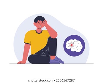 Young man with uncomfortable expression, hands holding his head is feeling severe headache, in certain part of brain causing dizziness, vector illustration of health problem.