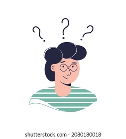 Young man under question marks. Thinking person. Thoughtful character. Person solves problem. Smart guy is thinking. Male character avatar. Flat vector illustration isolated on white background.