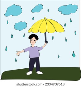 A young man under an umbrella. The guy hides from the rain stock illustration.