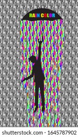 young man under umbrella touching the colored rain, color of rain creative idea, inner rain emotion concept, music of rain idea, vector