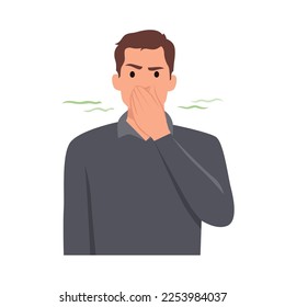 Young man unhappy holding fingers on nose. Trendy person covering breath with hand for bad smell. Flat vector illustration isolated on white background