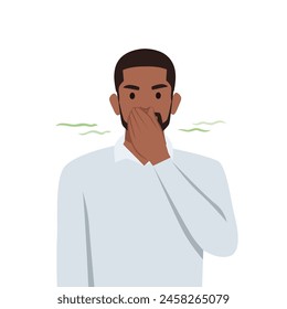 Young man unhappy holding fingers on nose. Man covering breath with hand for bad smell. Flat vector illustration isolated on white background