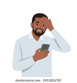 Young man unhappy looking at phone, Feeling nervous of bad confused and disappointed. Flat vector illustration isolated on white background