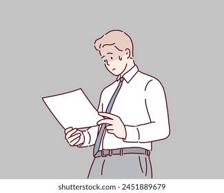 Young man unhappy looking through paper documents.  Hand drawn style vector design illustrations.