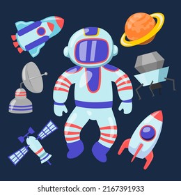 Young man in uniform of astronaut in space with rocket and planets cartoon style,  vector illustration
