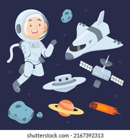 Young man in uniform of astronaut in space with rocket and planets cartoon style,  vector illustration