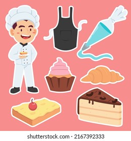Joven uniformado con elementos de panadería de ocupación, postre con tarta, croissant, tarta y delantal en forma de dibujo animado, ilustración vectorial