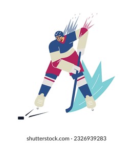 Young man in uniform with helmet playing hockey flat style, vector illustration isolated on white background. Boy hitting puck with stick, sport game, decorative design element