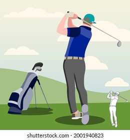 Young Man Uniform Playing Golf on Course with Green Grass. Man Hitting Ball to Hole, Sport Game Tournament, Summer Spare Time. Flat Vector Illustration