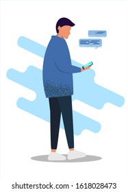 A young man in universal clothing is corresponding in a smartphone. Modern design flat design illustration isolated on white background. Vertical layout.